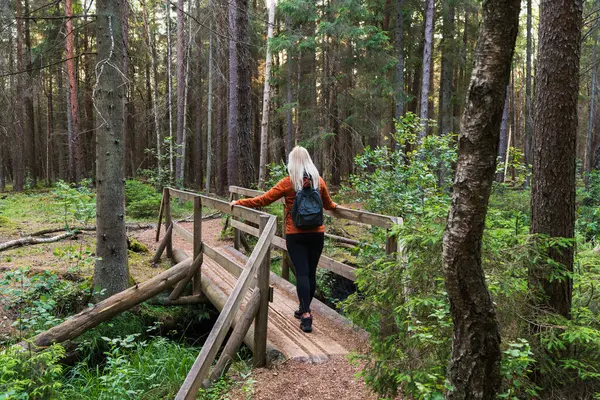 Sırt çantalı bir dişi turist sık bir çam ormanında ahşap bir köprüden geçiyor, yürüyüşün tadını çıkarıyor ve doğayla iç içe geçiyor..