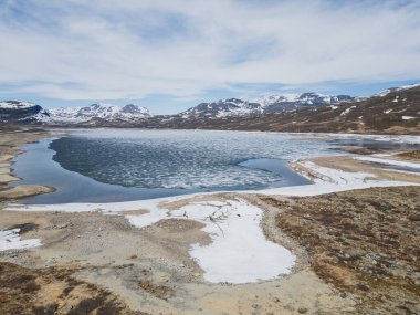 Buzul kütleli eriyen bir dağ gölü, karla kaplı tepeler ve ilkbaharda İskandinavya 'da sert tundralarla çevrili..