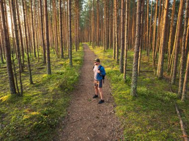 Sırt çantalı bir gezgin, sık bir çam ormanında, sıcak güneş ışığıyla yıkanmış bir orman patikasında duruyor. Macera ve yürüyüş konsepti.