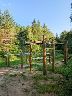 Spor salonu ve spor salonu, barfiks ve paralel barlar, spor faaliyetleri için bir yaz ormanına kurulmuş..