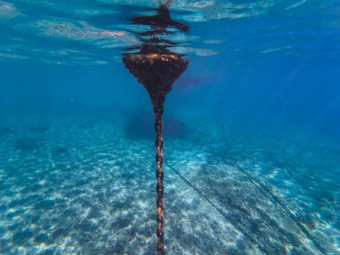 Fransa 'nın Marsilya kentinde bulunan Calanques Ulusal Parkı' nın turkuaz denizinde paslı bir şamandıra zincirinin atmosferik sualtı görüntüsü..
