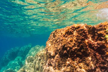 Saint-Jean-Cap-Ferrat, Fransa 'da büyüleyici bir su altı deniz manzarası. Altın güneş ışığı turkuaz su yüzeyinde parıldıyor..