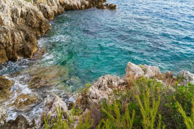 Saint-Jean-Cap-Ferrat, French Riviera, Fransa 'da kayalık sahil manzarası ve turkuaz Akdeniz manzarası.