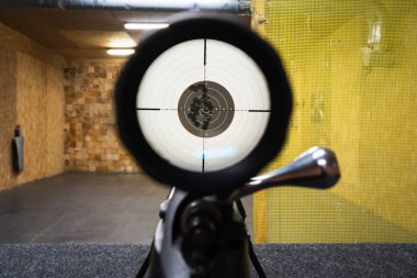 Bir tüfeğin dürbününden çarpıcı bir birinci şahıs görüntüsü. Hedefi sıkı bir hedef kitlesiyle mükemmel bir şekilde hedef alıyor..