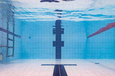 Temiz bir olimpik yüzme havuzunun su altı perspektifi, yarışma ya da atletizm eğitimi için siyah şeritli..