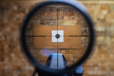 Atış taliminden gelen kurşun deliklerini gösteren kağıt bir hedefe nişan almış bir tüfeğin teleskopik görüşü..