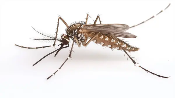 stock image This macro shot captures the details of an Aedes mosquito one of the primary vectors for diseases like dengue and Zika. The insect is set against a plain white background emphasizing its striped body and fine details.