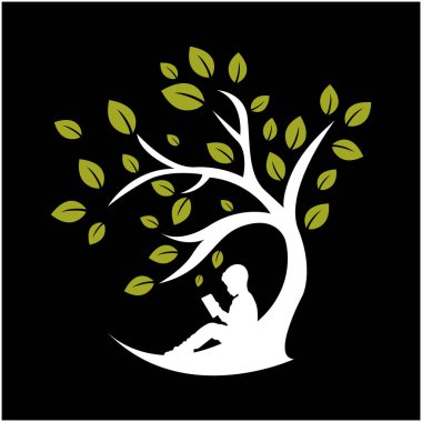 Çocuk ağaç logosu altında kitap okuyor.