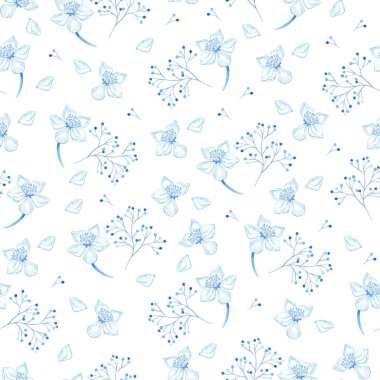 Mavi ve gök mavisi dalları, yaprakları ve beyaz arka planda kiraz çiçekleriyle botanik desensiz çizimler. Bahar ve yaz teması.