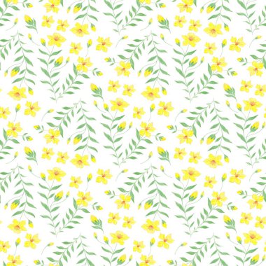 Beyaz arka planda yeşil dalları ve sarı çiçekleri olan botanik desensiz çizimler. Bahar ve yaz teması.