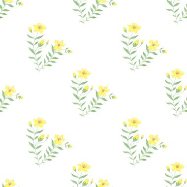 Beyaz arka planda yeşil dalları ve sarı çiçekleri olan botanik desensiz çizimler. Bahar ve yaz teması.