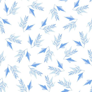 Mavi ve gök mavisi dalları, yaprakları ve beyaz arka planda kiraz çiçekleriyle botanik desensiz çizimler. Bahar ve yaz teması.