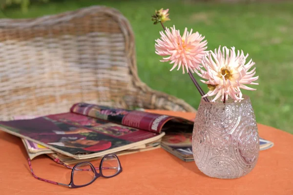 Masadaki moda dergilerinin arka planında cam vazoda duran Dahlia çiçekleri. Bükülmüş gül rengi cam vazoda pastel renkli yıldız çiçekleri.
