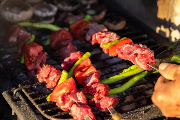 Izgara Et Şişleri Domates, Yeşil Biber ve Mantar Pişiriyor