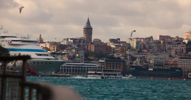 Galata Tower View Sea Ferry Slow Motion — Stok Video