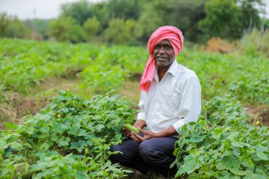 Hintli mutlu çiftçi cep telefonunu elinde tutuyor.