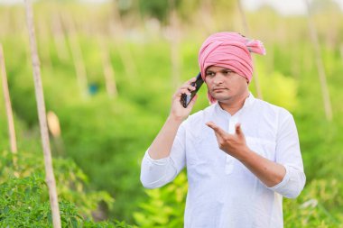 Genç Hintli çiftçi akıllı telefon gösteriyor, çiftçi telefonda konuşuyor, mutlu Hintli çiftçi.