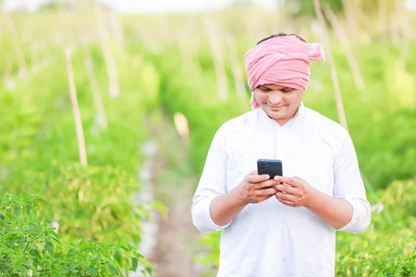 Genç Hintli çiftçi akıllı telefon gösteriyor, çiftçi telefonda konuşuyor, mutlu Hintli çiftçi.