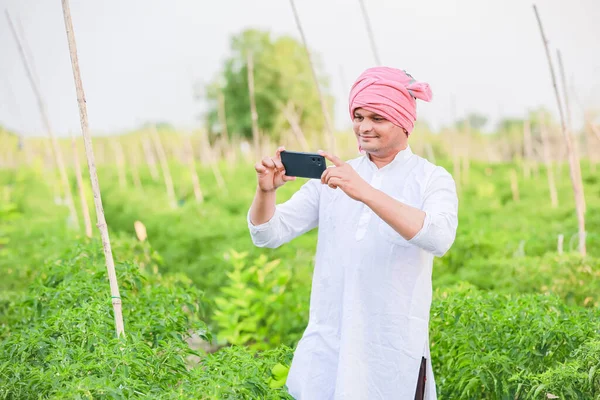 Mladý Indický Farmář Ukazuje Chytrý Telefon Farmář Mluví Telefonu Farmě — Stock fotografie