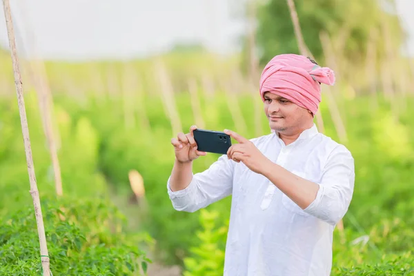 스마트 보여주는 농장에서 전화로 말하는 행복한 — 스톡 사진