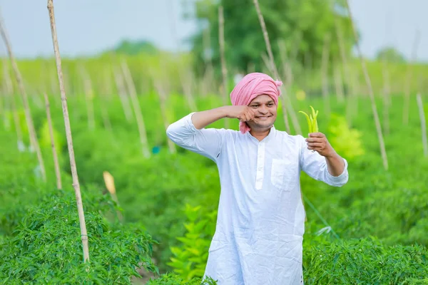 Indian Happy Boer Met Groene Chili Groene Chili Landbouw Jonge — Stockfoto