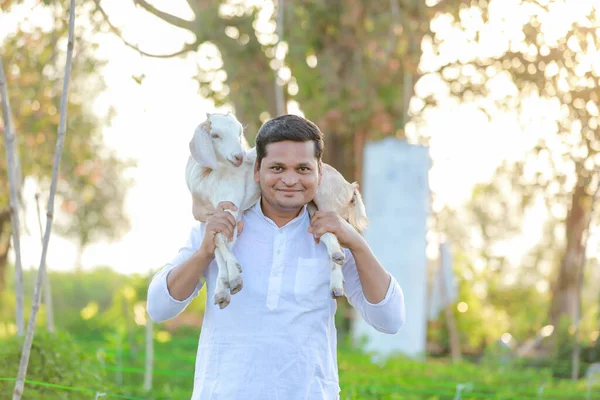 Happy Indian Farmer Holding Indian Goat — Stock Photo, Image