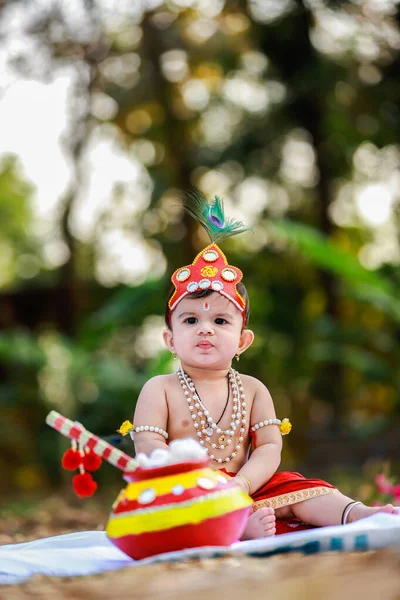 Glad Janmashtami Liten Indisk Pojke Poserar Som Shri Krishna Eller — Stockfoto