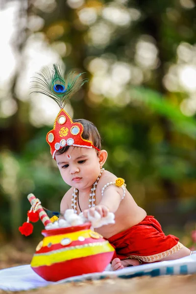 Heureux Janmashtami Petit Garçon Indien Faisant Passer Pour Shri Krishna — Photo