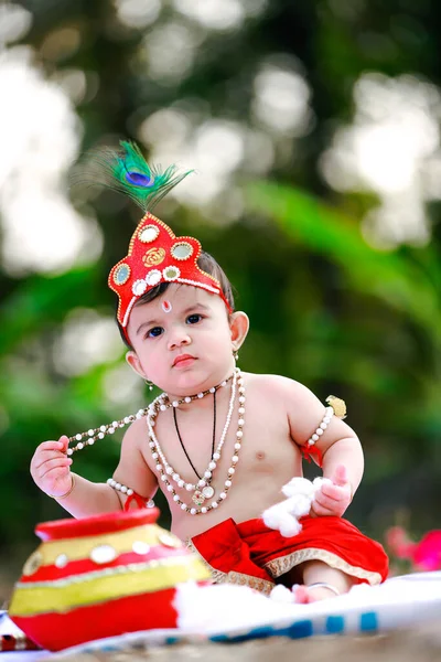 Šťastný Janmashtami Malý Indiánský Chlapec Vydávající Šrí Krišnu Nebo Kanhu — Stock fotografie