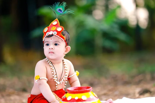 Glad Janmashtami Lille Indisk Dreng Forklædt Som Shri Krishna Eller - Stock-foto