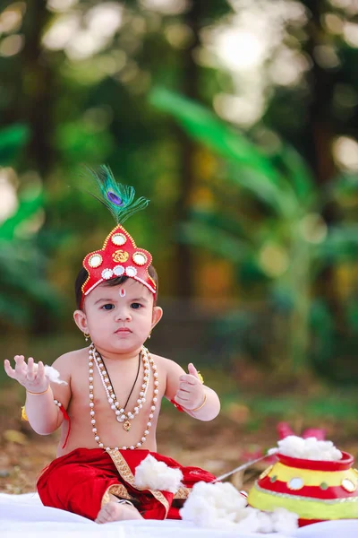 Szczęśliwy Janmashtami Mały Indianin Udający Shri Krishna Lub Kanha Lub — Zdjęcie stockowe