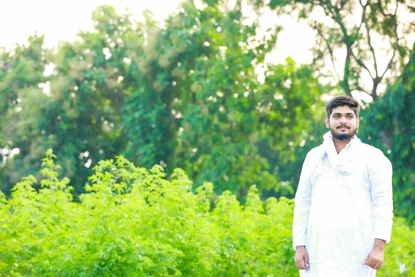 Indický Zemědělec Držící Bavlnu Ruce Šťastný Mladý Zemědělec — Stock fotografie