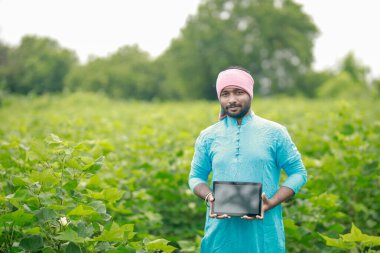 Mutlu genç Hintli çiftçi akıllı telefon kullanıyor, çiftçi tablet gösteriyor, ekranı işaret ediyor