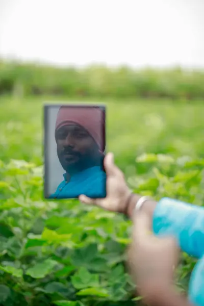 Mutlu genç Hintli çiftçi akıllı telefon kullanıyor, çiftçi tablet gösteriyor, ekranı işaret ediyor