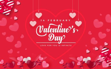 3D romantik sevgililer günü süslemeleri ile Sevgililer Günü afişi şablonu