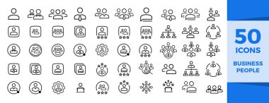 Business people line icons set. Business management outline icons collection. Businessman, Teamwork, human resources, meeting, partnership, work group, success, resume - Simple stock vector illustration. 