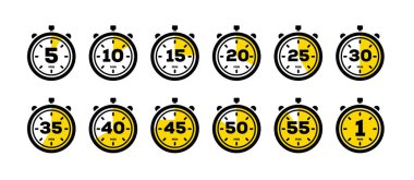 Zamanlayıcı ve kronometre simgeleri. Mutfak zamanlayıcısı ikonu ve farklı dakikalar. Yemek pişirme zamanı simgeleri ve etiketleri