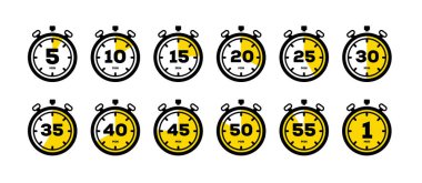 Timer icon collection. Symbol timer on a white background. Set of Timer vector icons.Set of timer and stopwatch icons. Cooking time symbols and labels