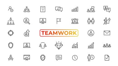 Teamwork line icons set. Businessman outline icons collection. Work group and human resources. Business teamwork, human resources, meeting, partnership, meeting, work group, success - stock vector