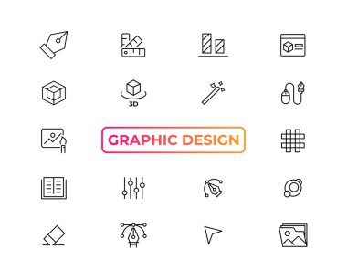 Set of thin line icons of graphic design. Simple linear icons in a modern style flat, Creative Process. Graphic design, creative package, stationary, software and more simple UI, UX vector icon