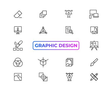 Set of thin line icons of graphic design. Simple linear icons in a modern style flat, Creative Process. Graphic design, creative package, stationary, software and more simple UI, UX vector icon