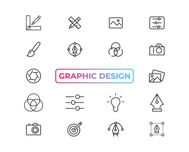 Set of thin line icons of graphic design. Simple linear icons in a modern style flat, Creative Process. Graphic design, creative package, stationary, software and more simple UI, UX vector icon