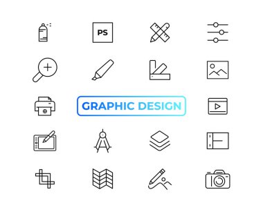 Set of thin line icons of graphic design. Simple linear icons in a modern style flat, Creative Process. Graphic design, creative package, stationary, software and more simple UI, UX vector icon