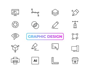 Set of thin line icons of graphic design. Simple linear icons in a modern style flat, Creative Process. Graphic design, creative package, stationary, software and more simple UI, UX vector icon