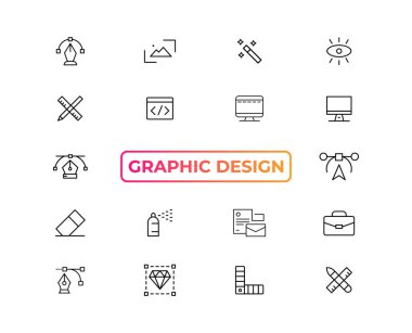 Set of thin line icons of graphic design. Simple linear icons in a modern style flat, Creative Process. Graphic design, creative package, stationary, software and more simple UI, UX vector icon