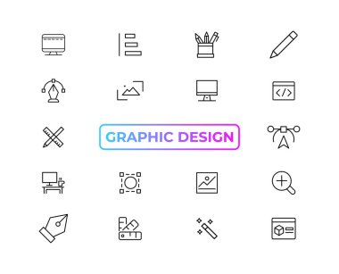 Set of thin line icons of graphic design. Simple linear icons in a modern style flat, Creative Process. Graphic design, creative package, stationary, software and more simple UI, UX vector icon