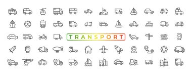 Ulaşım, araç ve teslimat unsurları - en az ince çizgi ağ simgesi seti. Taslak simge koleksiyonu. Basit vektör illüstrasyonu