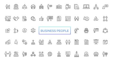 Business people line icons set. Businessman outline icons collection. Teamwork, human resources, meeting, partnership, meeting, work group, success, resume