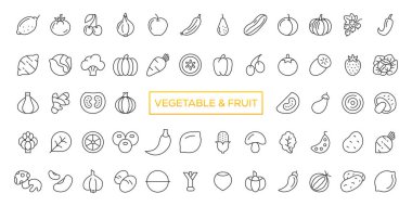 Meyve ve sebze ikonları hazır. Vektör çizgisi simgeleri, modern doğrusal tasarım grafik ögeleri, özet sembolleri