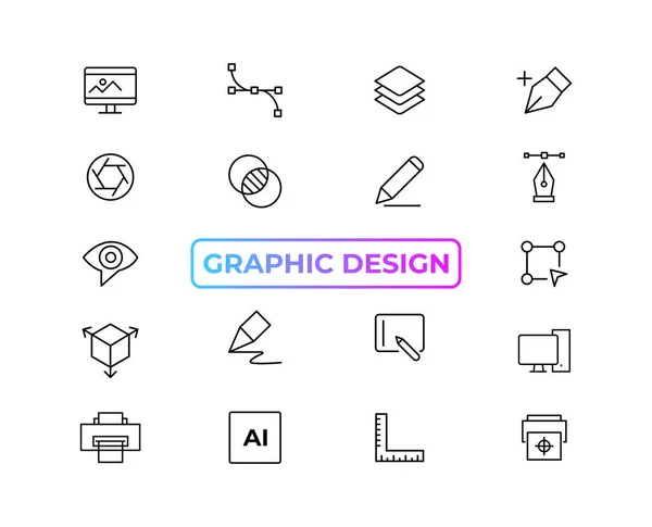 Set of thin line icons of graphic design. Simple linear icons in a modern style flat, Creative Process. Graphic design, creative package, stationary, software and more simple UI, UX vector icon